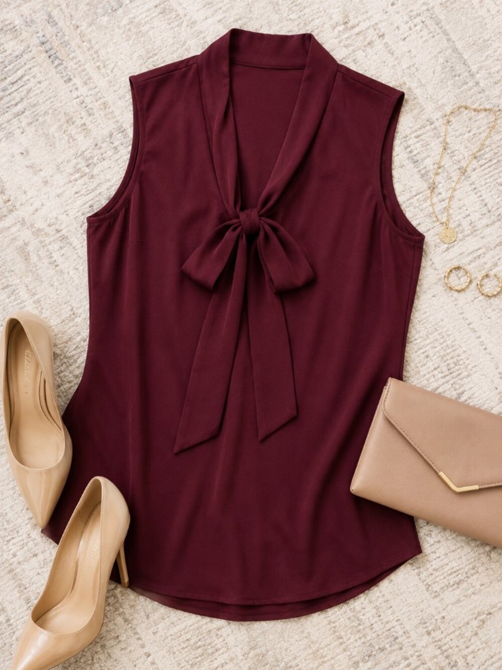 Kasper Shiraz Tie Neck Sleeveless Blouse NWT Medium Burgundy Work Office Top